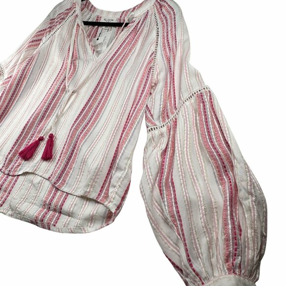 Allison New York Womens Striped Long Bell Sleeve Boho Top Tassels Crochet Sz XS - Picture 10 of 13
